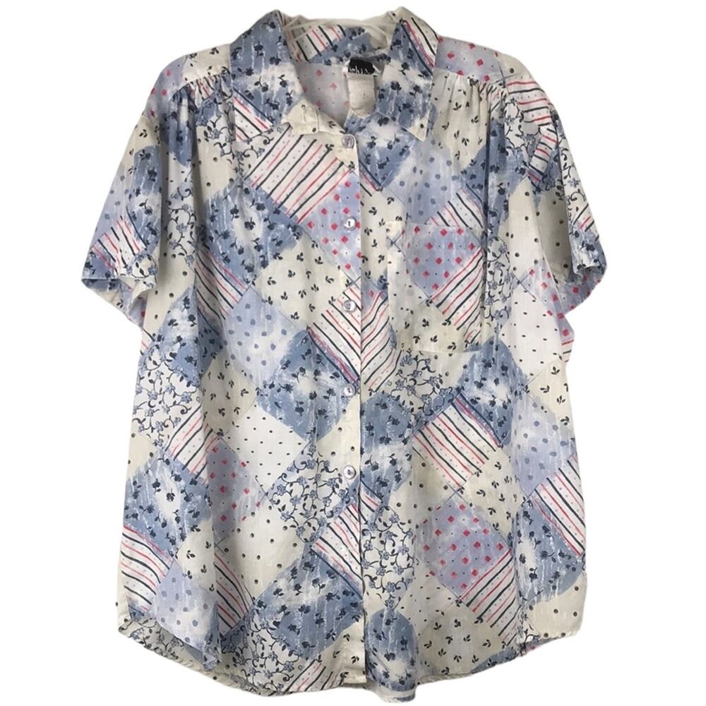 Vintage Tap & Co Short Sleeve Button Up Patchwork Quilt Look Print Blue Size XL